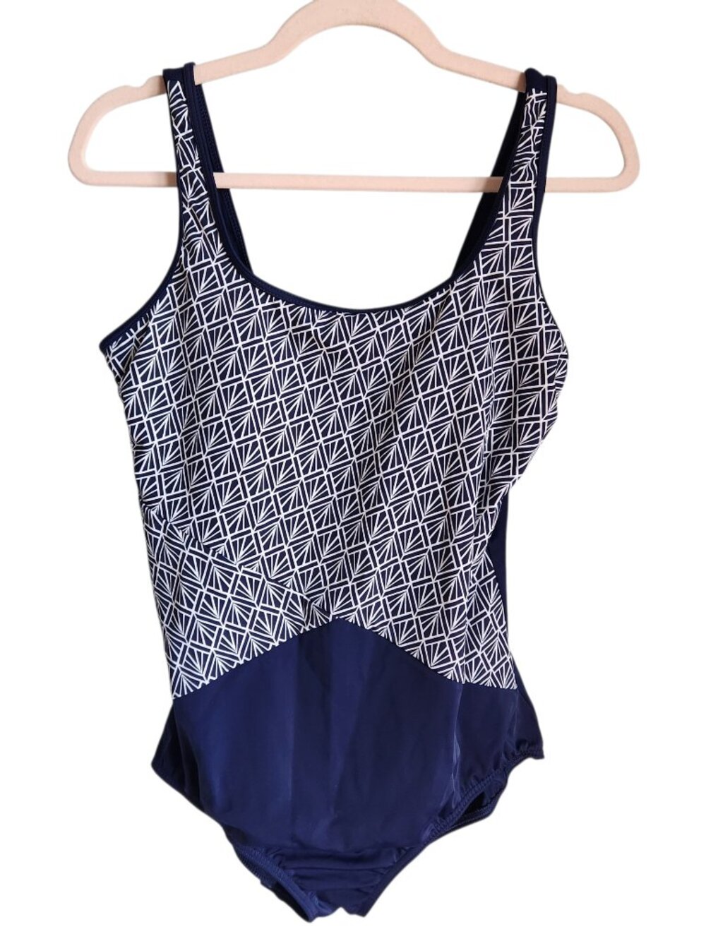 Lands End Swimsuit 14 Blue White One Piece Bathing Suit Beach Pool Swim